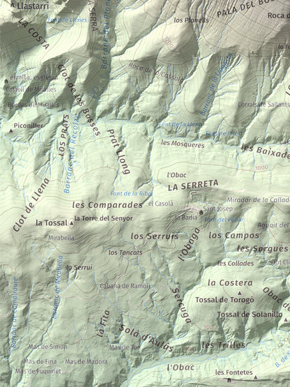 Mapa de relieve de Pala del Teller, 1889 m, Alta Ribagorça · Pallars Jussà, lámina 100 Cims de Trobart. Detalle de la zona inferior izquierda. 30 × 40 cm.