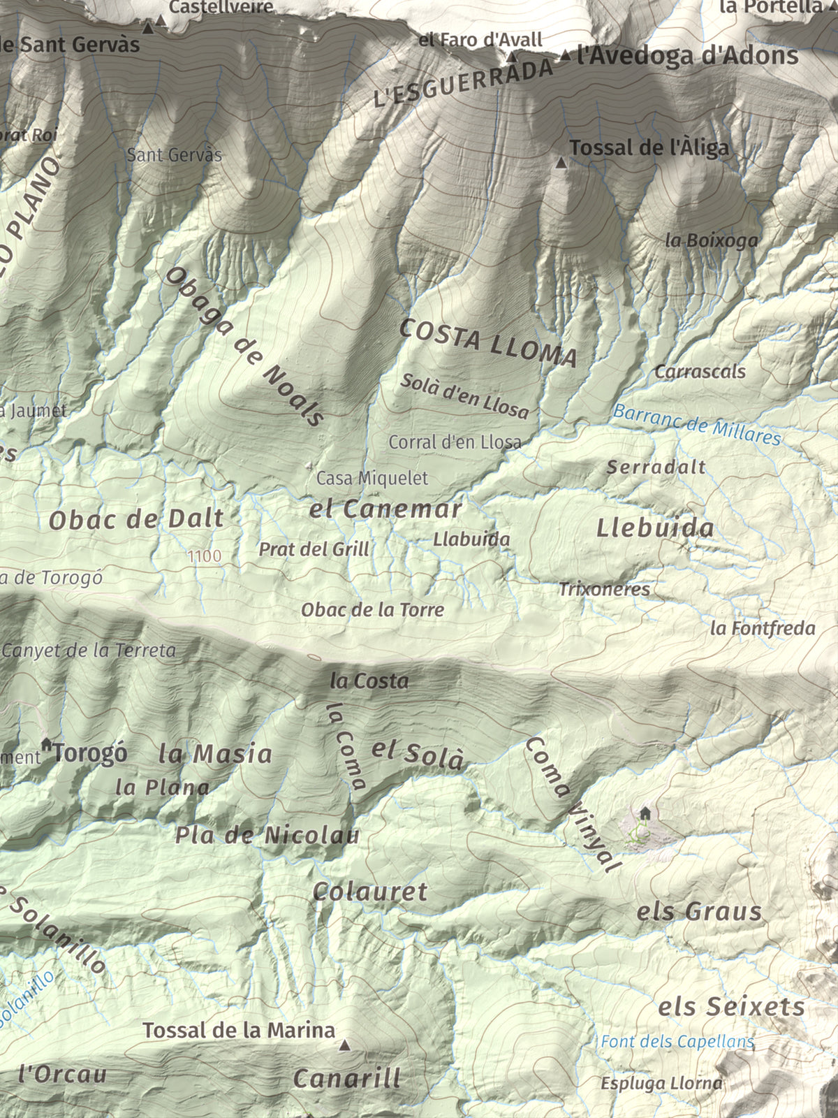 Mapa de relieve de Pala del Teller, 1889 m, Alta Ribagorça · Pallars Jussà, lámina 100 Cims de Trobart. Detalle de la zona inferior derecha. 30 × 40 cm.