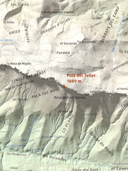 Mapa de relieve de Pala del Teller, 1889 m, Alta Ribagorça · Pallars Jussà, lámina 100 Cims de Trobart. Detalle de la zona central. 30 × 40 cm.