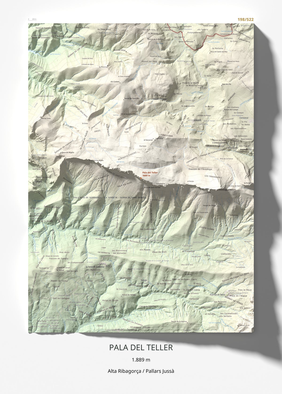 Mapa de relieve de Pala del Teller, 1889 m, Alta Ribagorça · Pallars Jussà, lámina 100 Cims de Trobart 50 × 70 cm.