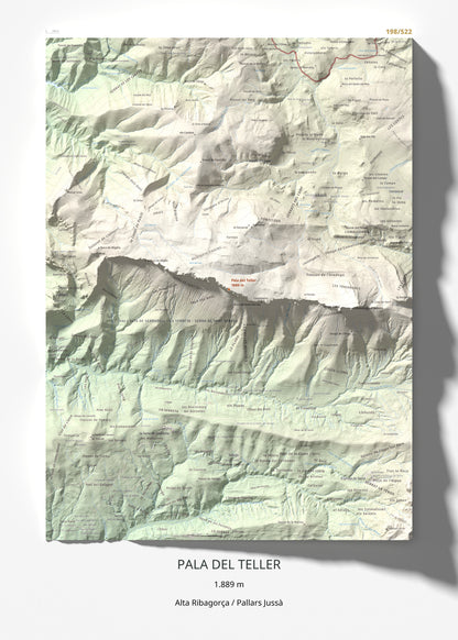 Mapa de relieve de Pala del Teller, 1889 m, Alta Ribagorça · Pallars Jussà, lámina 100 Cims de Trobart 50 × 70 cm.