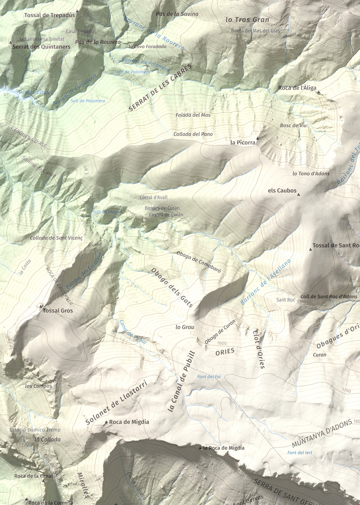 Mapa de relieve de Pala del Teller, 1889 m, Alta Ribagorça · Pallars Jussà, lámina 100 Cims de Trobart. Detalle de la zona superior izquierda. 50 × 70 cm.