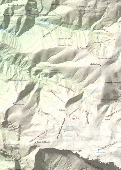 Mapa de relieve de Pala del Teller, 1889 m, Alta Ribagorça · Pallars Jussà, lámina 100 Cims de Trobart. Detalle de la zona superior izquierda. 50 × 70 cm.