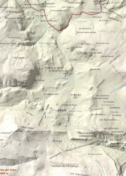 Mapa de relieve de Pala del Teller, 1889 m, Alta Ribagorça · Pallars Jussà, lámina 100 Cims de Trobart. Detalle de la zona superior derecha. 50 × 70 cm.