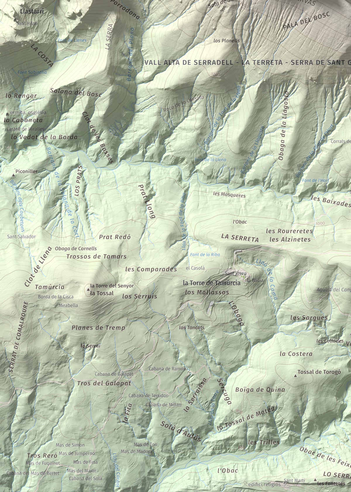 Mapa de relieve de Pala del Teller, 1889 m, Alta Ribagorça · Pallars Jussà, lámina 100 Cims de Trobart. Detalle de la zona inferior izquierda. 50 × 70 cm.