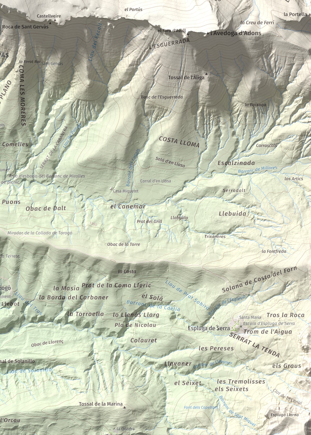 Mapa de relieve de Pala del Teller, 1889 m, Alta Ribagorça · Pallars Jussà, lámina 100 Cims de Trobart. Detalle de la zona inferior derecha. 50 × 70 cm.
