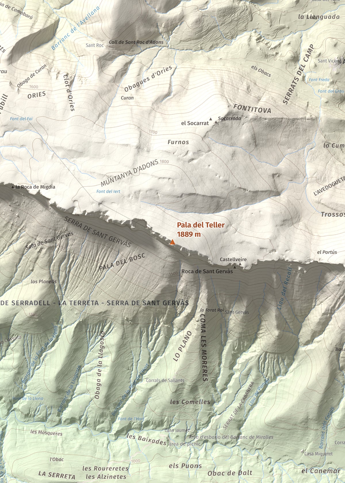 Mapa de relieve de Pala del Teller, 1889 m, Alta Ribagorça · Pallars Jussà, lámina 100 Cims de Trobart. Detalle de la zona central. 50 × 70 cm.