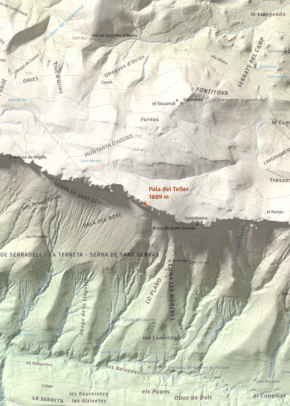 Mapa de relieve de Pala del Teller, 1889 m, Alta Ribagorça · Pallars Jussà, lámina 100 Cims de Trobart. Detalle de la zona central. 50 × 70 cm.