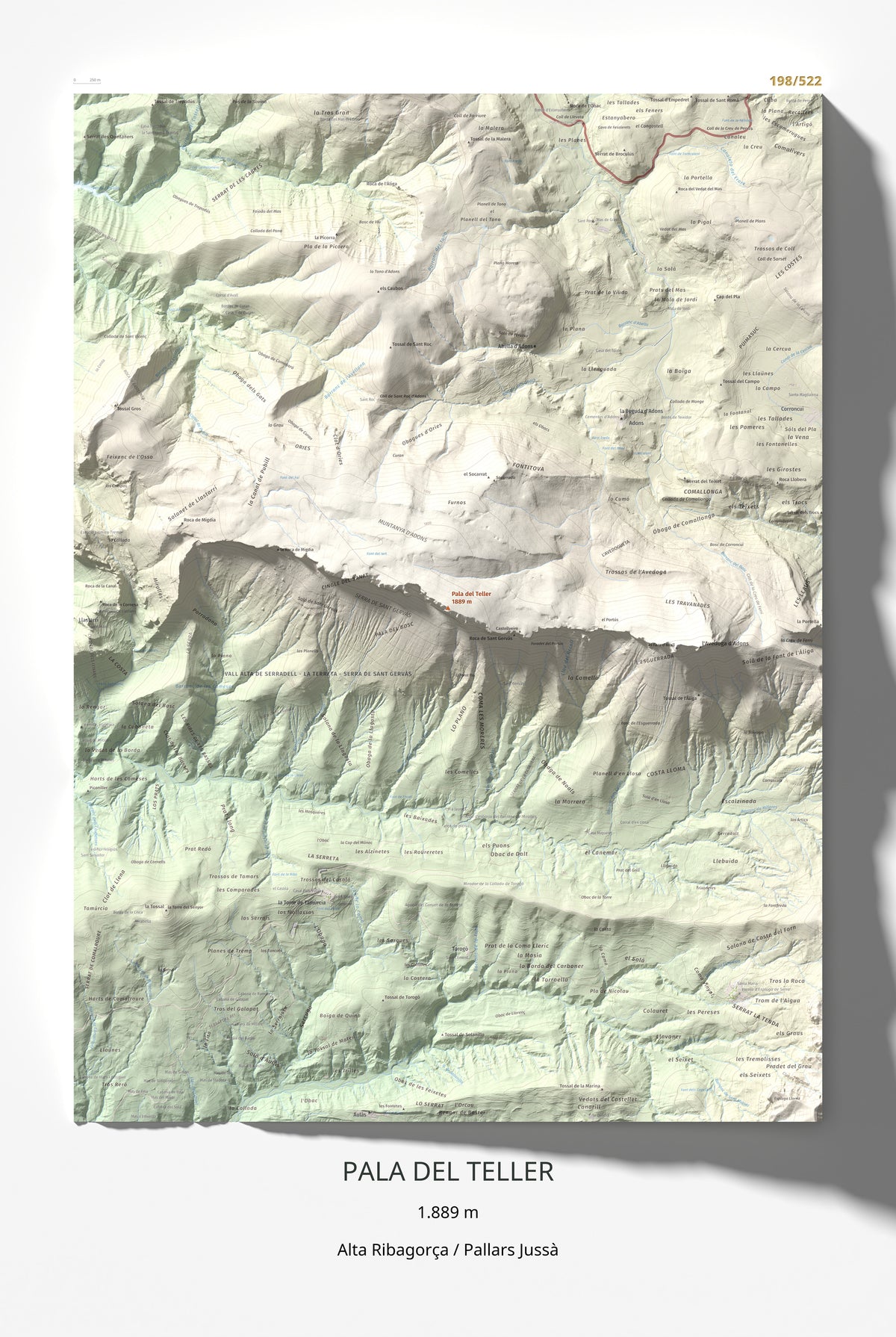 Mapa de relieve de Pala del Teller, 1889 m, Alta Ribagorça · Pallars Jussà, lámina 100 Cims de Trobart 61 × 91 cm.