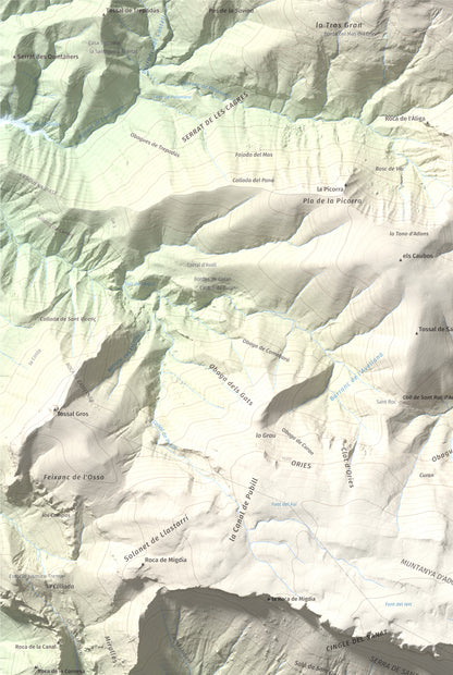 Mapa de relieve de Pala del Teller, 1889 m, Alta Ribagorça · Pallars Jussà, lámina 100 Cims de Trobart. Detalle de la zona superior izquierda. 61 × 91 cm.