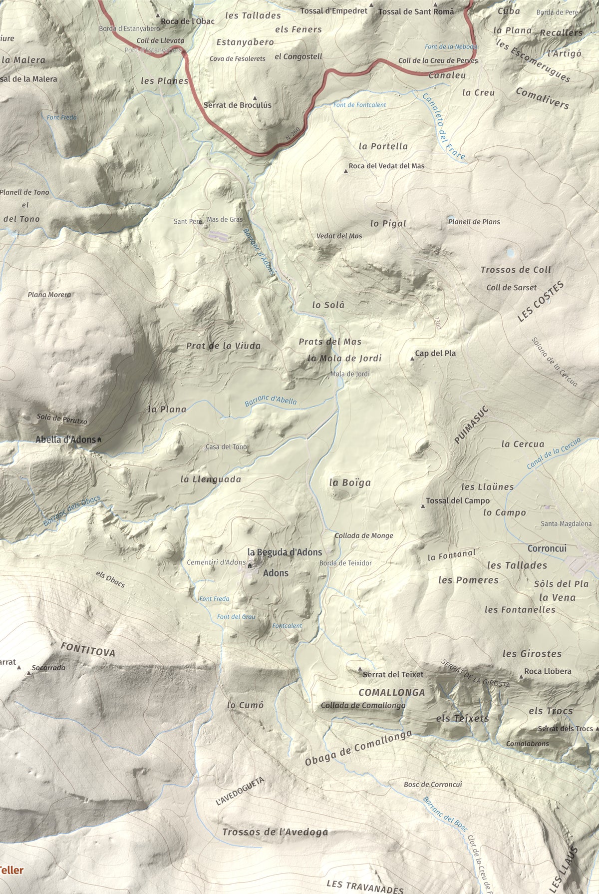 Mapa de relieve de Pala del Teller, 1889 m, Alta Ribagorça · Pallars Jussà, lámina 100 Cims de Trobart. Detalle de la zona superior derecha. 61 × 91 cm.