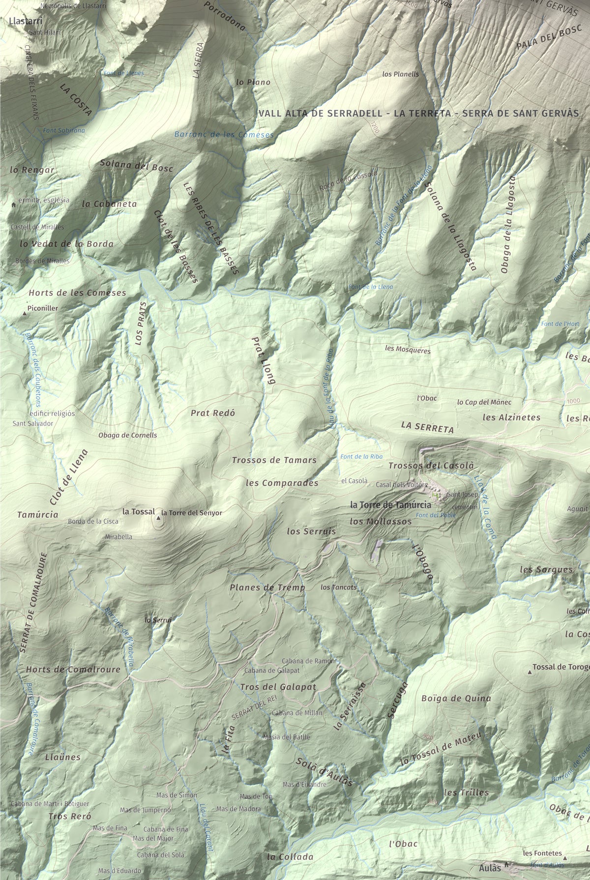 Mapa de relieve de Pala del Teller, 1889 m, Alta Ribagorça · Pallars Jussà, lámina 100 Cims de Trobart. Detalle de la zona inferior izquierda. 61 × 91 cm.
