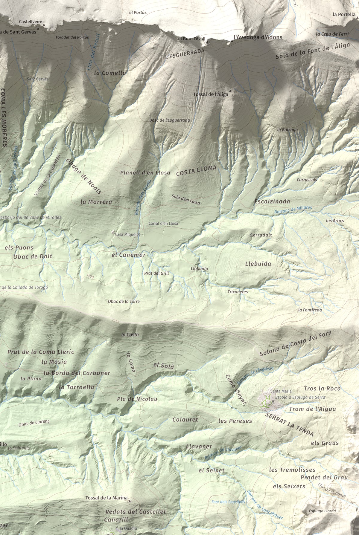 Mapa de relieve de Pala del Teller, 1889 m, Alta Ribagorça · Pallars Jussà, lámina 100 Cims de Trobart. Detalle de la zona inferior derecha. 61 × 91 cm.