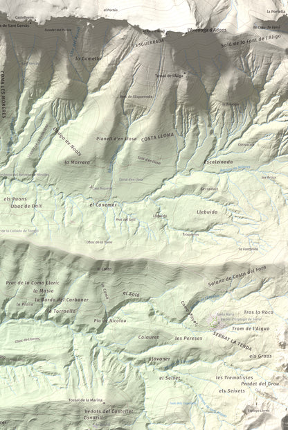 Mapa de relieve de Pala del Teller, 1889 m, Alta Ribagorça · Pallars Jussà, lámina 100 Cims de Trobart. Detalle de la zona inferior derecha. 61 × 91 cm.