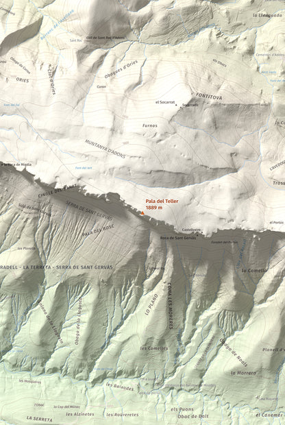 Mapa de relieve de Pala del Teller, 1889 m, Alta Ribagorça · Pallars Jussà, lámina 100 Cims de Trobart. Detalle de la zona central. 61 × 91 cm.