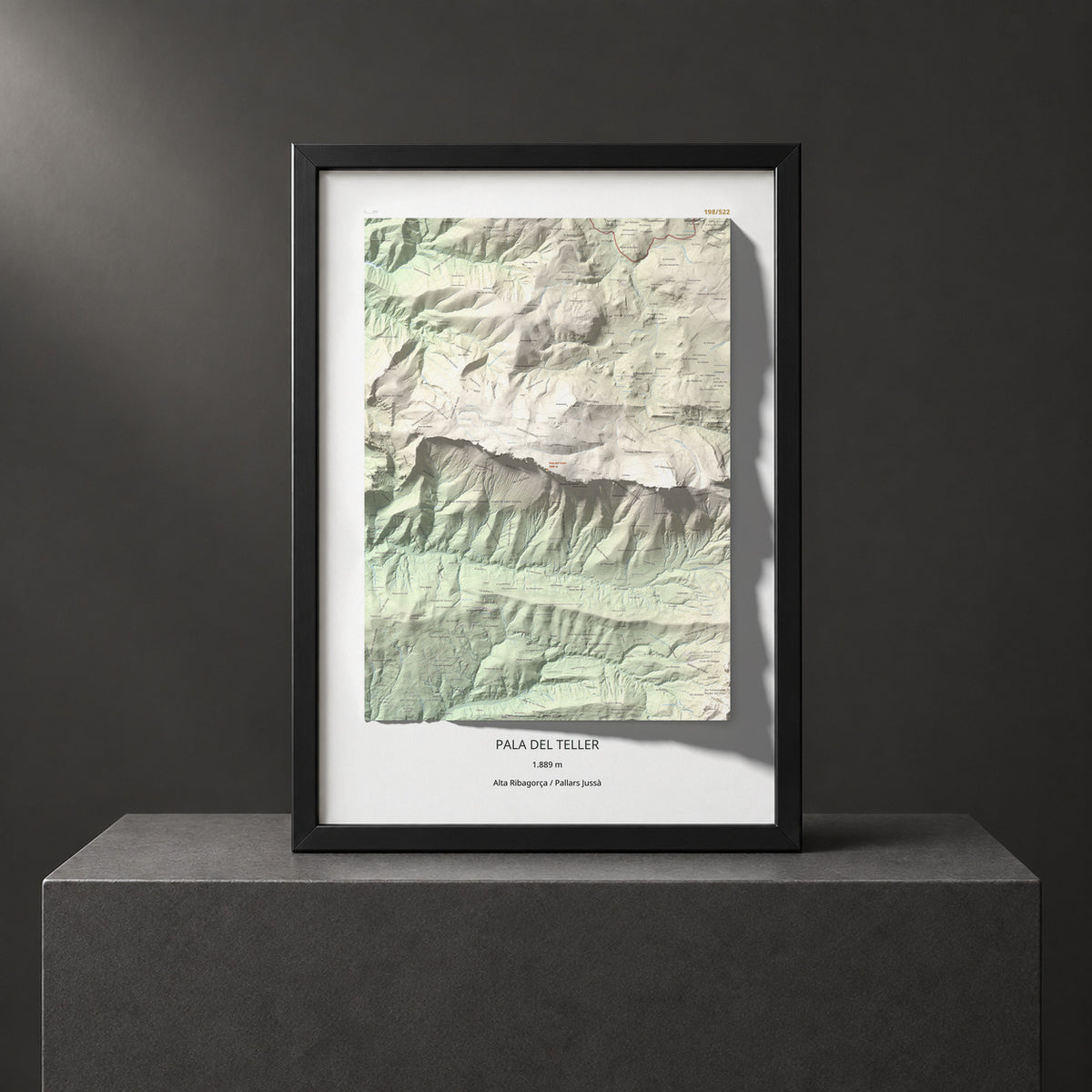 Mapa de relieve de Pala del Teller, 1889 m, Alta Ribagorça · Pallars Jussà, lámina 100 Cims de Trobart. Presentación enmarcada. 70 × 100 cm.