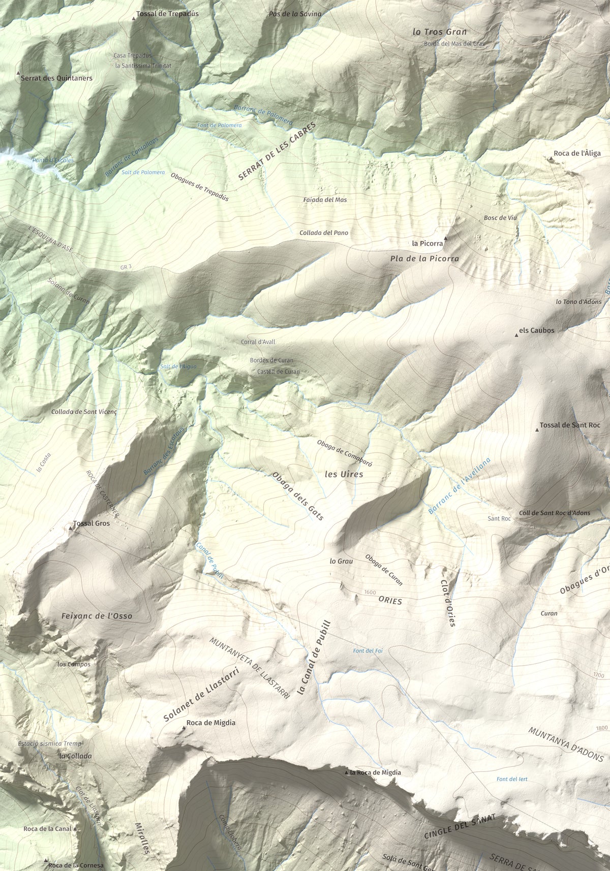 Mapa de relieve de Pala del Teller, 1889 m, Alta Ribagorça · Pallars Jussà, lámina 100 Cims de Trobart. Detalle de la zona superior izquierda. 70 × 100 cm.