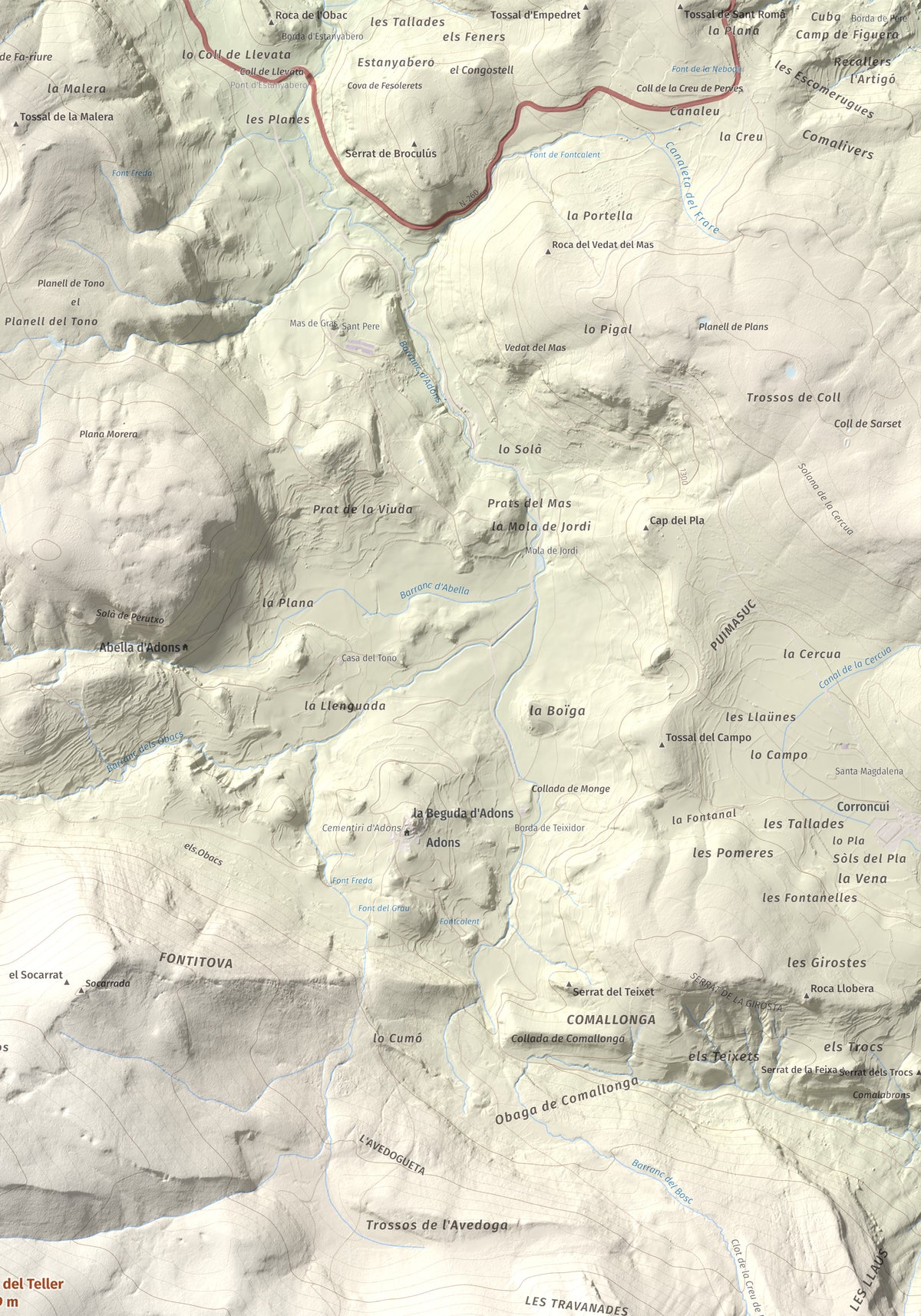 Mapa de relieve de Pala del Teller, 1889 m, Alta Ribagorça · Pallars Jussà, lámina 100 Cims de Trobart. Detalle de la zona superior derecha. 70 × 100 cm.