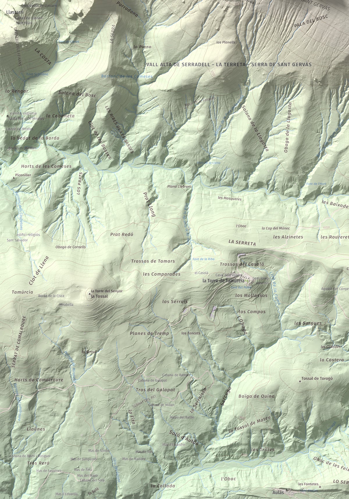 Mapa de relieve de Pala del Teller, 1889 m, Alta Ribagorça · Pallars Jussà, lámina 100 Cims de Trobart. Detalle de la zona inferior izquierda. 70 × 100 cm.