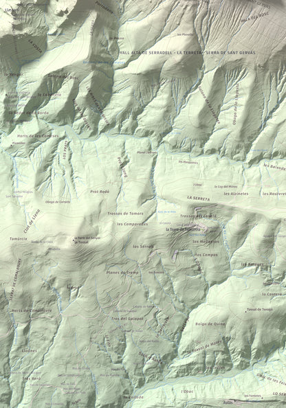 Mapa de relieve de Pala del Teller, 1889 m, Alta Ribagorça · Pallars Jussà, lámina 100 Cims de Trobart. Detalle de la zona inferior izquierda. 70 × 100 cm.