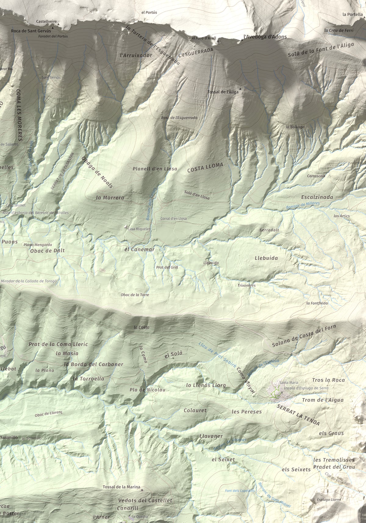 Mapa de relieve de Pala del Teller, 1889 m, Alta Ribagorça · Pallars Jussà, lámina 100 Cims de Trobart. Detalle de la zona inferior derecha. 70 × 100 cm.