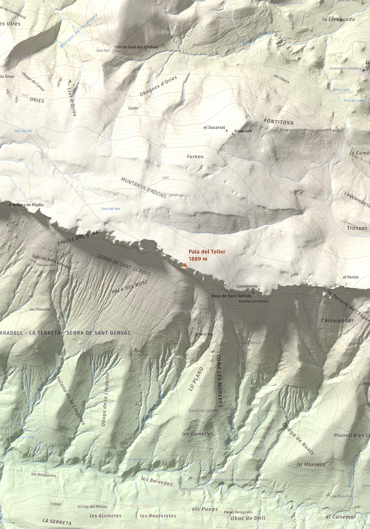 Mapa de relieve de Pala del Teller, 1889 m, Alta Ribagorça · Pallars Jussà, lámina 100 Cims de Trobart. Detalle de la zona central. 70 × 100 cm.