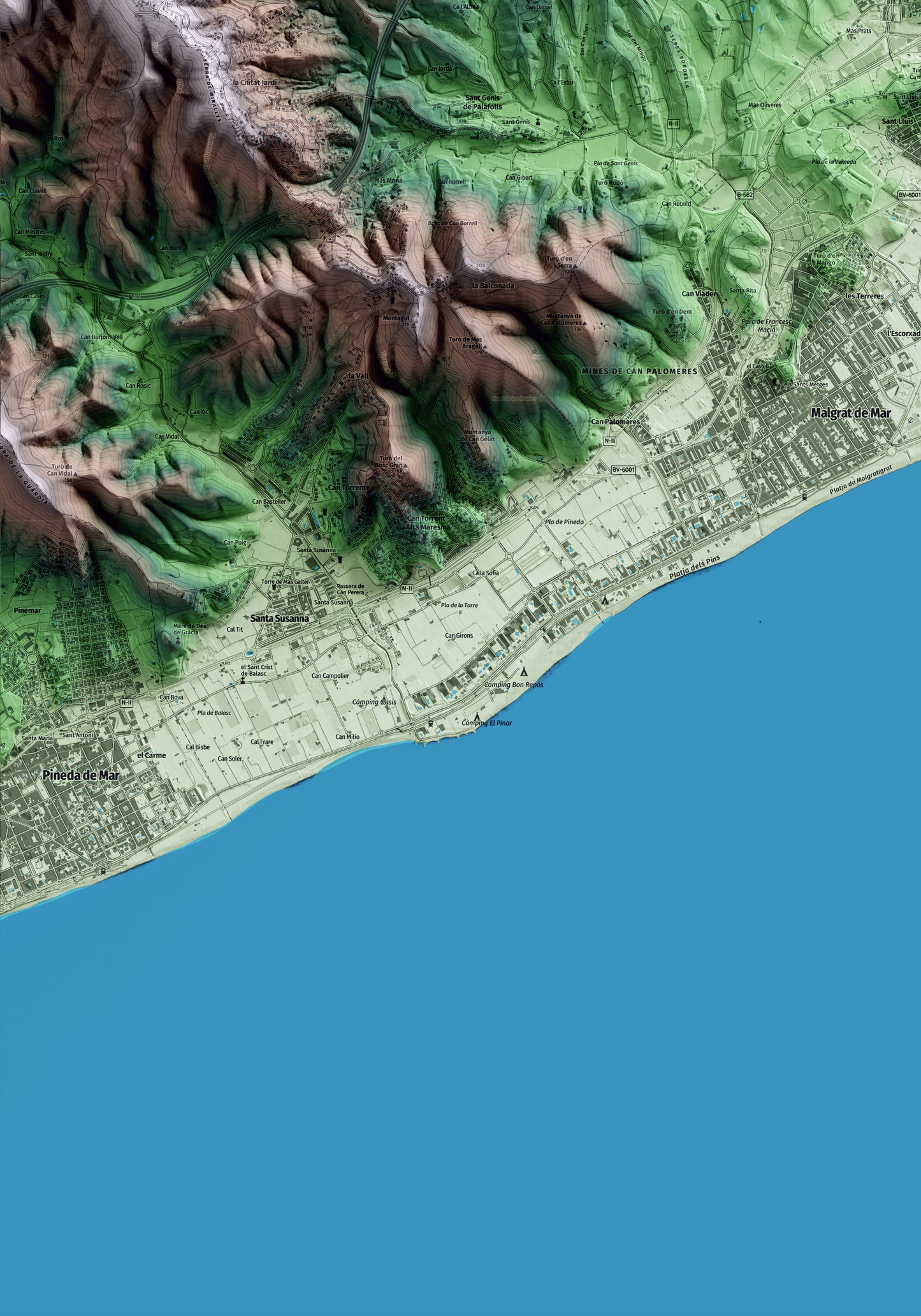 Mapa artístico del relieve de Palafolls, al Maresme, con 15 km de entorno y base topográfica ICGC. Detalle de la zona inferior izquierda.