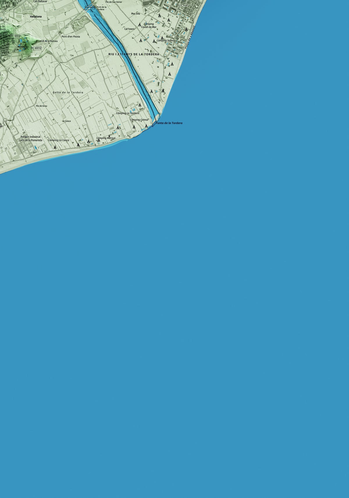 Mapa artístico del relieve de Palafolls, al Maresme, con 15 km de entorno y base topográfica ICGC. Detalle de la zona inferior derecha.