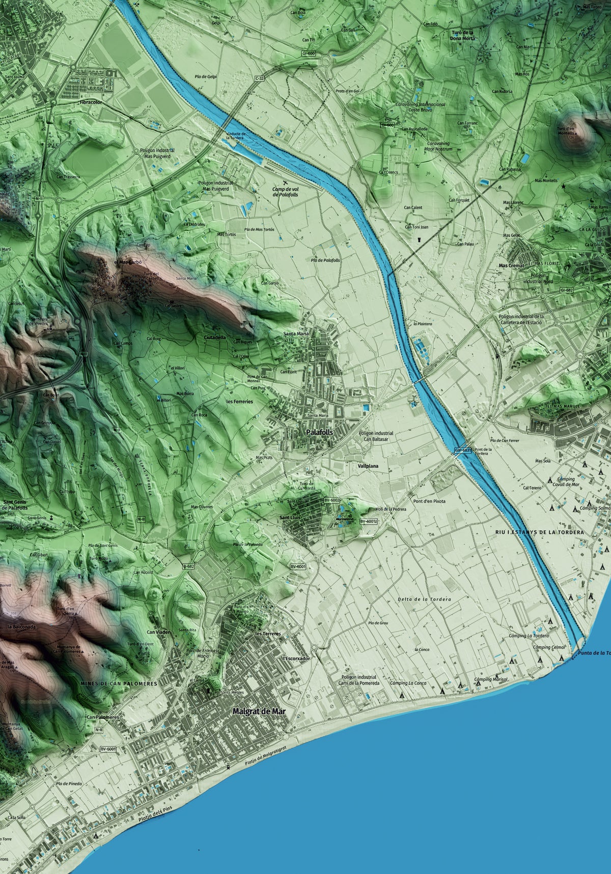 Mapa artístico del relieve de Palafolls, al Maresme, con 15 km de entorno y base topográfica ICGC. Detalle de la zona central.