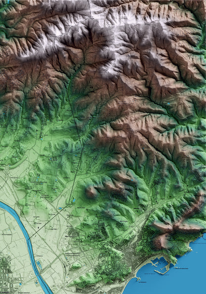 Mapa artístico del relieve de Palafolls, al Maresme, con 15 km de entorno y base topográfica ICGC. Detalle de la zona superior derecha.