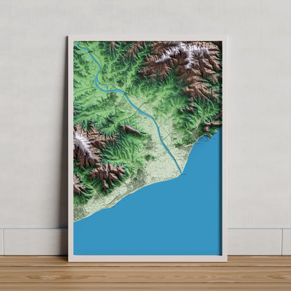 Mapa artístico del relieve de Palafolls, al Maresme, con 15 km de entorno y base topográfica ICGC. Presentación enmarcada.