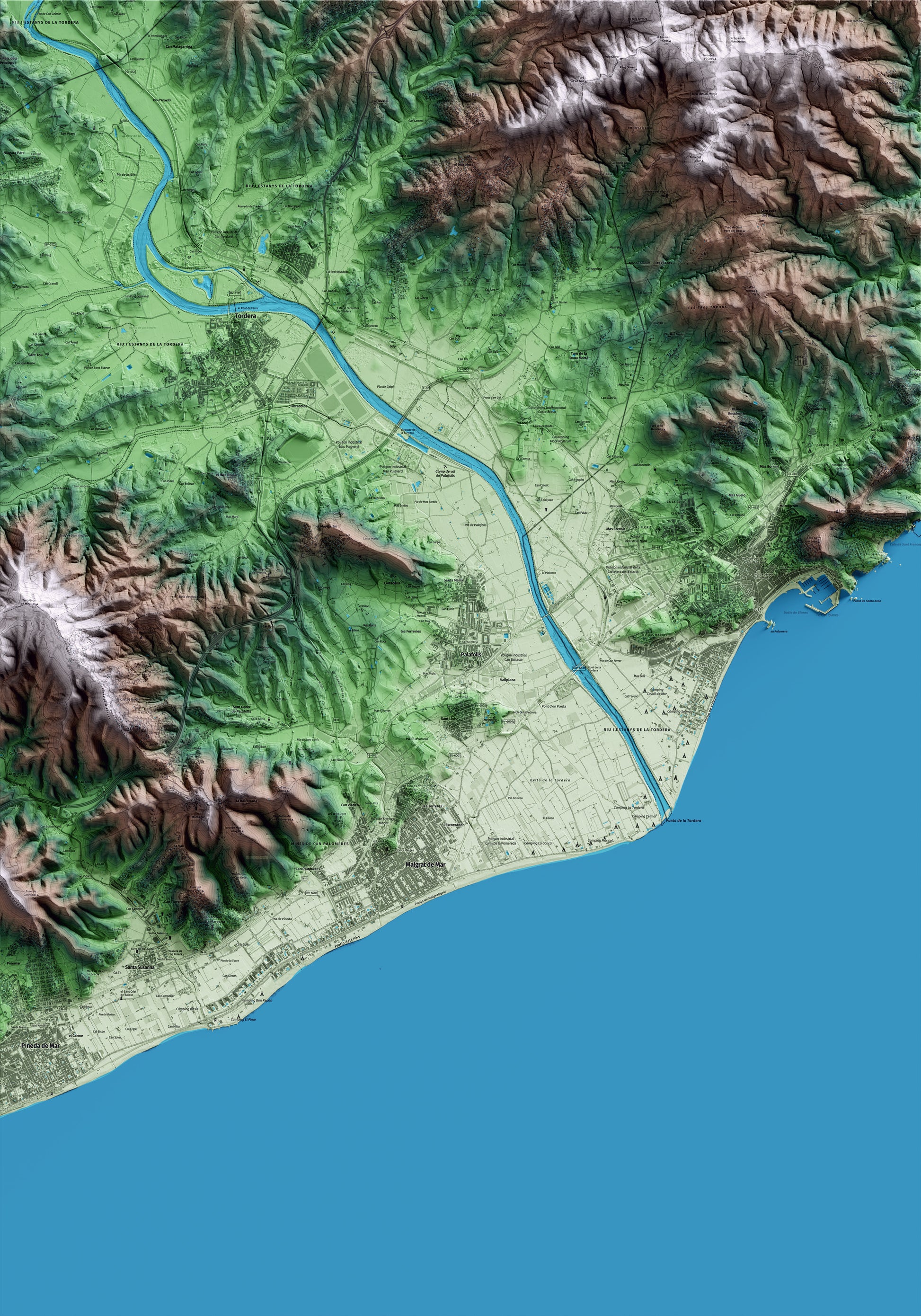 Mapa artístico del relieve de Palafolls, al Maresme, con 15 km de entorno y base topográfica ICGC