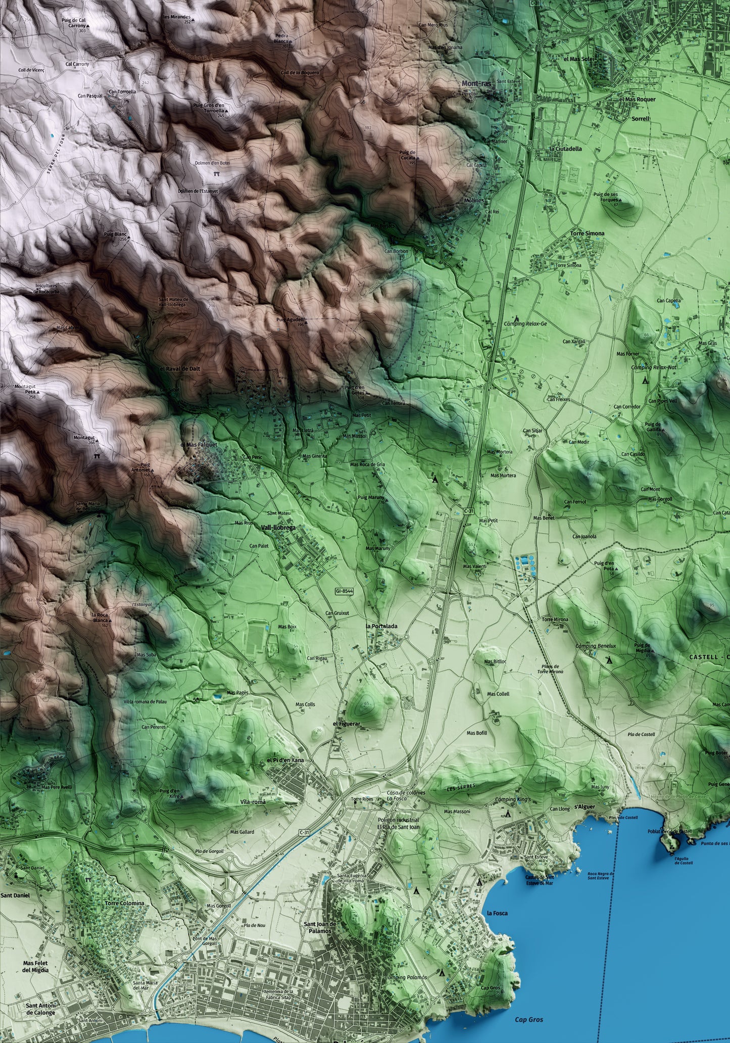 Mapa artístico del relieve de Palafrugell, al Baix Empordà, con 15 km de entorno y base topográfica ICGC. Detalle de la zona inferior izquierda.