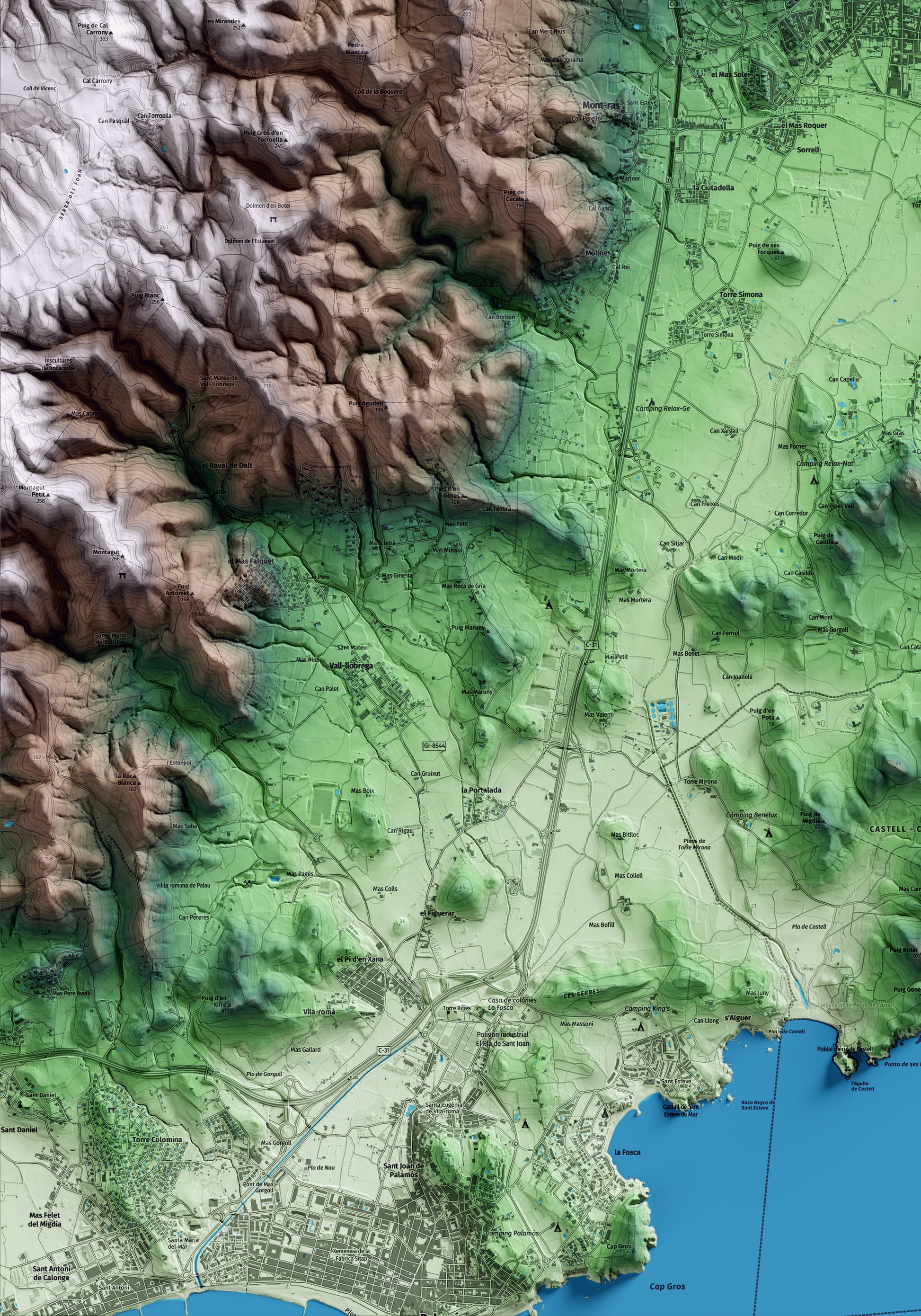 Mapa artístico del relieve de Palafrugell, al Baix Empordà, con 15 km de entorno y base topográfica ICGC. Detalle de la zona inferior izquierda.