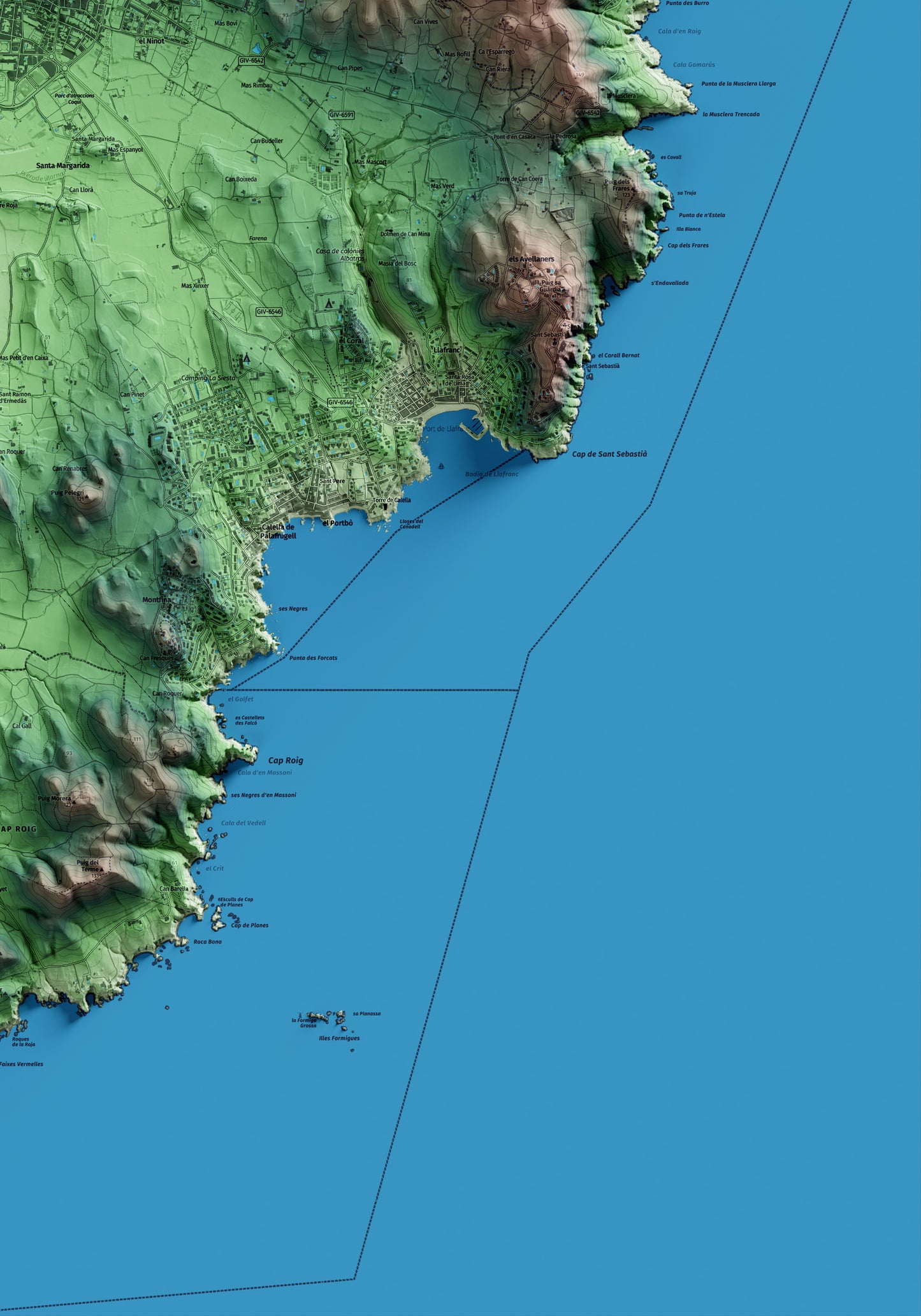 Mapa artístico del relieve de Palafrugell, al Baix Empordà, con 15 km de entorno y base topográfica ICGC. Detalle de la zona inferior derecha.