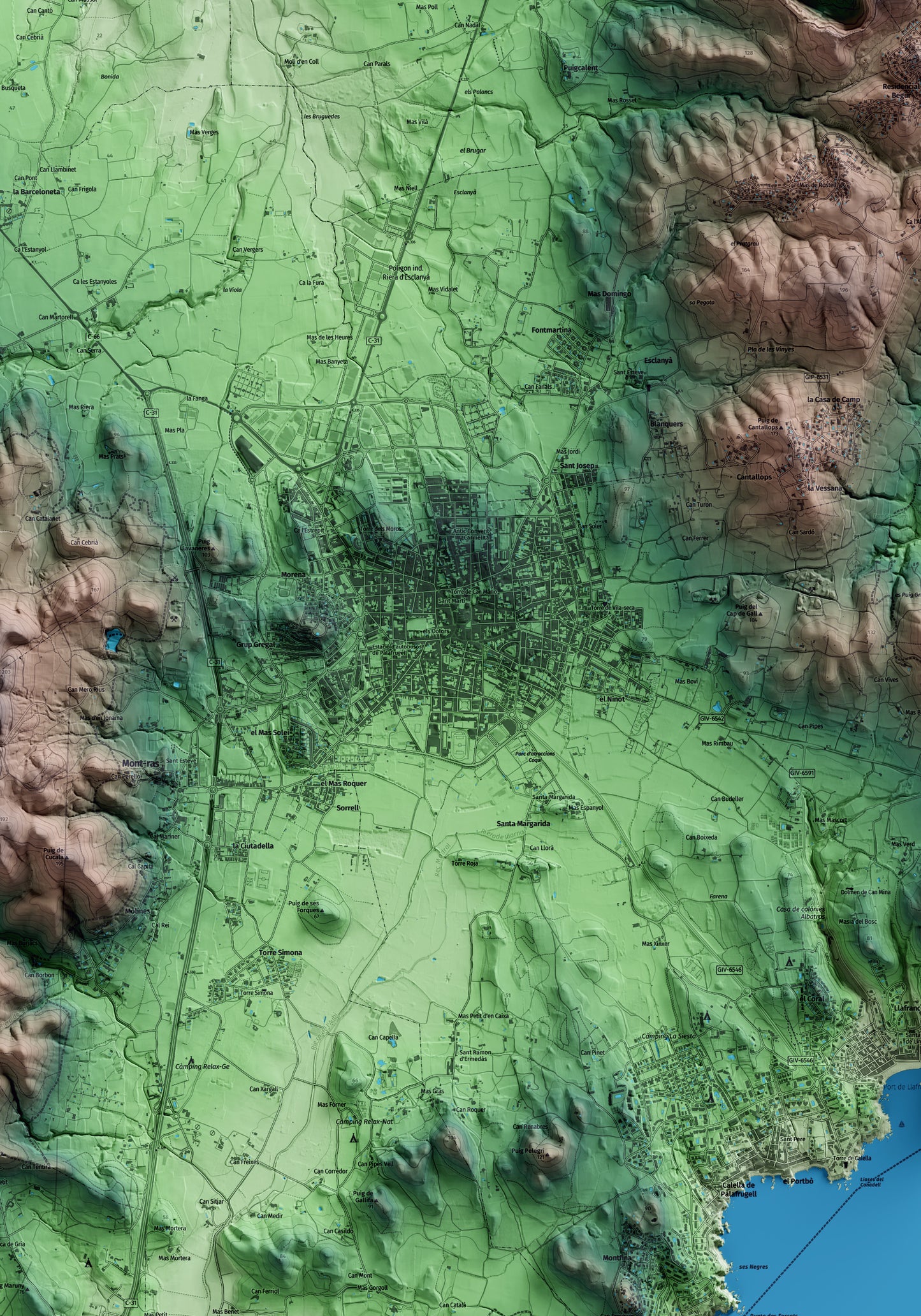 Mapa artístico del relieve de Palafrugell, al Baix Empordà, con 15 km de entorno y base topográfica ICGC. Detalle de la zona central.