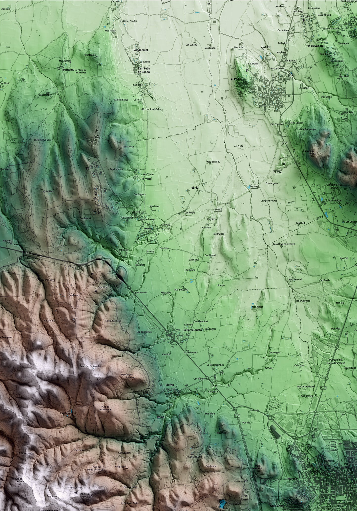 Mapa artístico del relieve de Palafrugell, al Baix Empordà, con 15 km de entorno y base topográfica ICGC. Detalle de la zona superior izquierda.