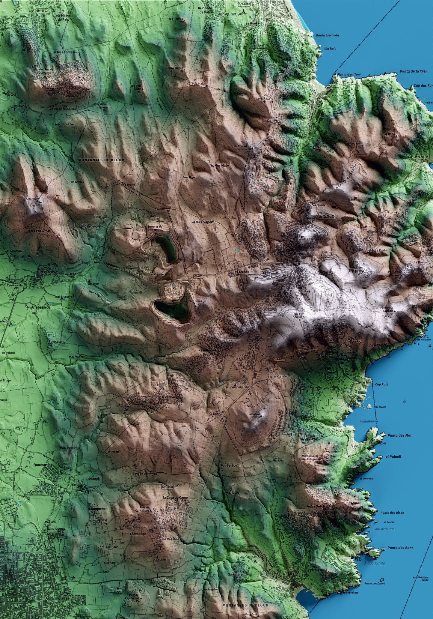 Mapa artístico del relieve de Palafrugell, al Baix Empordà, con 15 km de entorno y base topográfica ICGC. Detalle de la zona superior derecha.