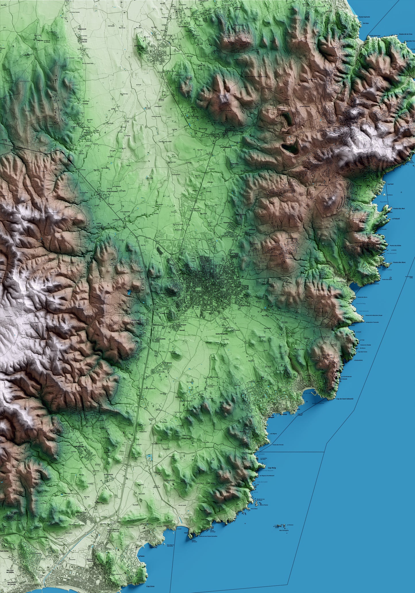 Mapa artístico del relieve de Palafrugell, al Baix Empordà, con 15 km de entorno y base topográfica ICGC
