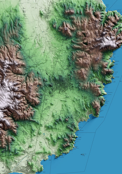 Mapa artístico del relieve de Palafrugell, al Baix Empordà, con 15 km de entorno y base topográfica ICGC
