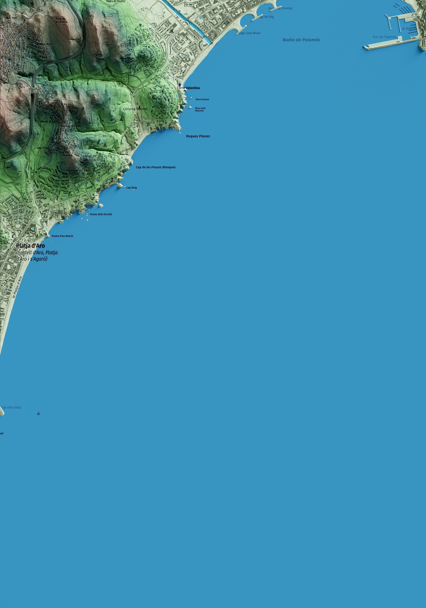 Mapa artístico del relieve de Palamós, al Baix Empordà, con 15 km de entorno y base topográfica ICGC. Detalle de la zona inferior izquierda.