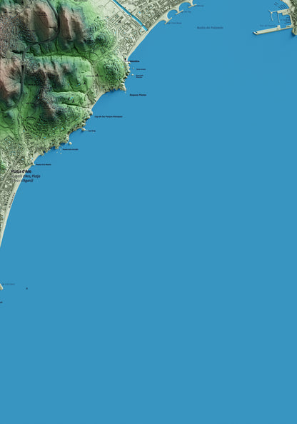 Mapa artístico del relieve de Palamós, al Baix Empordà, con 15 km de entorno y base topográfica ICGC. Detalle de la zona inferior izquierda.
