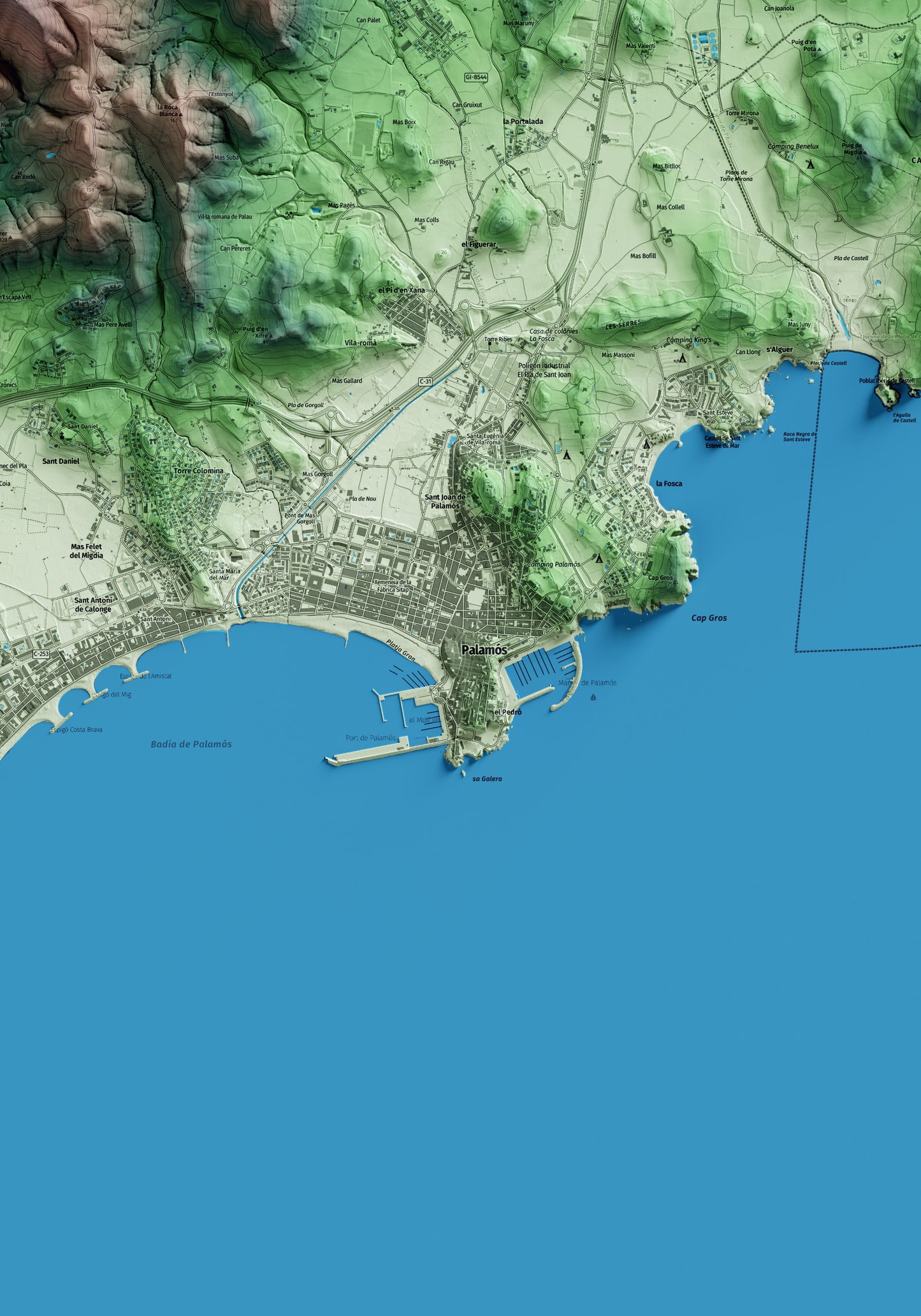 Mapa artístico del relieve de Palamós, al Baix Empordà, con 15 km de entorno y base topográfica ICGC. Detalle de la zona central.