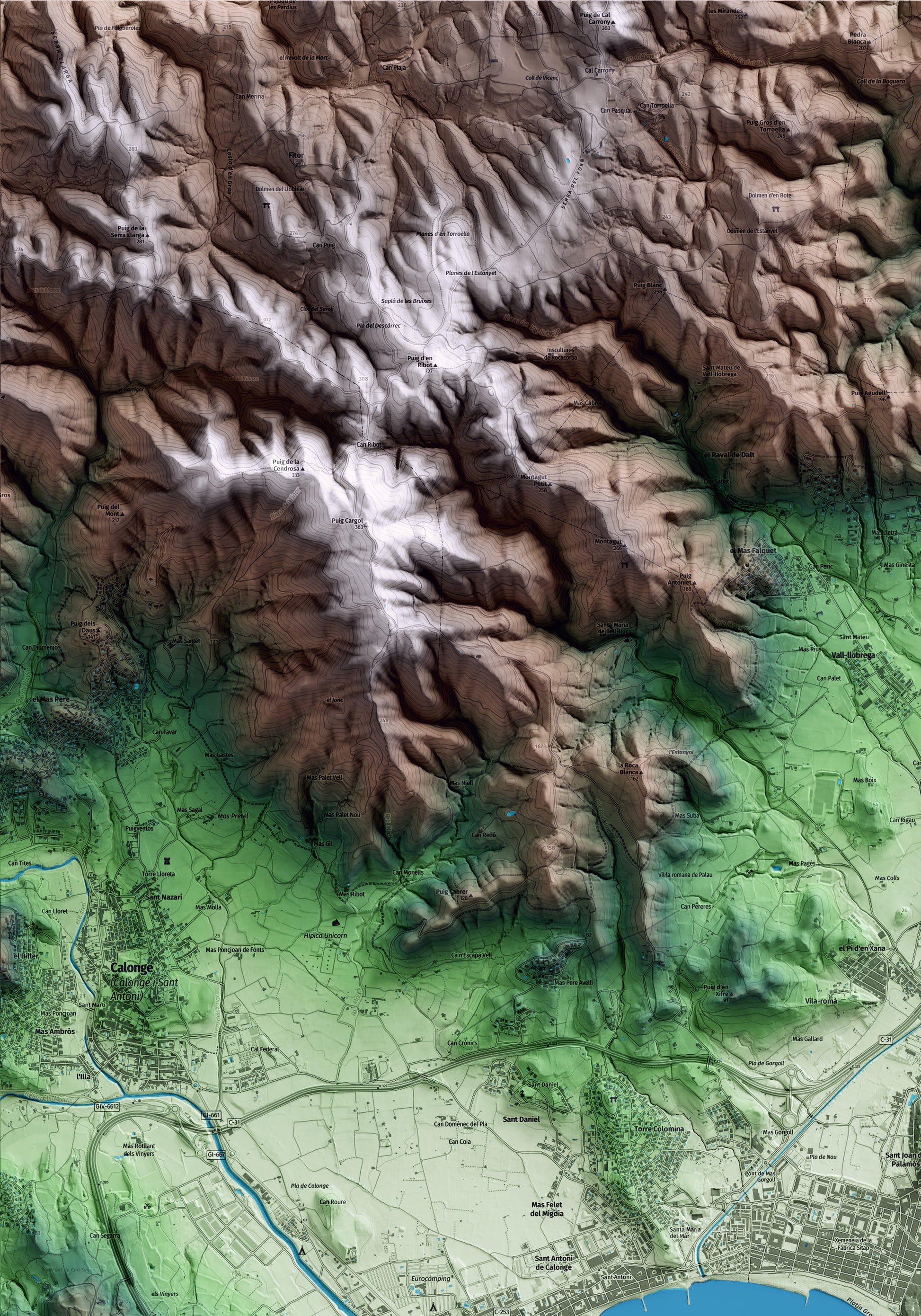 Mapa artístico del relieve de Palamós, al Baix Empordà, con 15 km de entorno y base topográfica ICGC. Detalle de la zona superior izquierda.