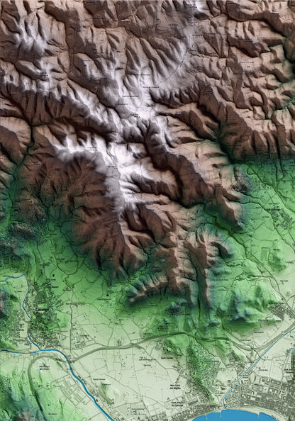 Mapa artístico del relieve de Palamós, al Baix Empordà, con 15 km de entorno y base topográfica ICGC. Detalle de la zona superior izquierda.