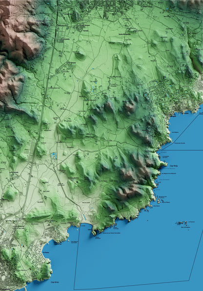 Mapa artístico del relieve de Palamós, al Baix Empordà, con 15 km de entorno y base topográfica ICGC. Detalle de la zona superior derecha.