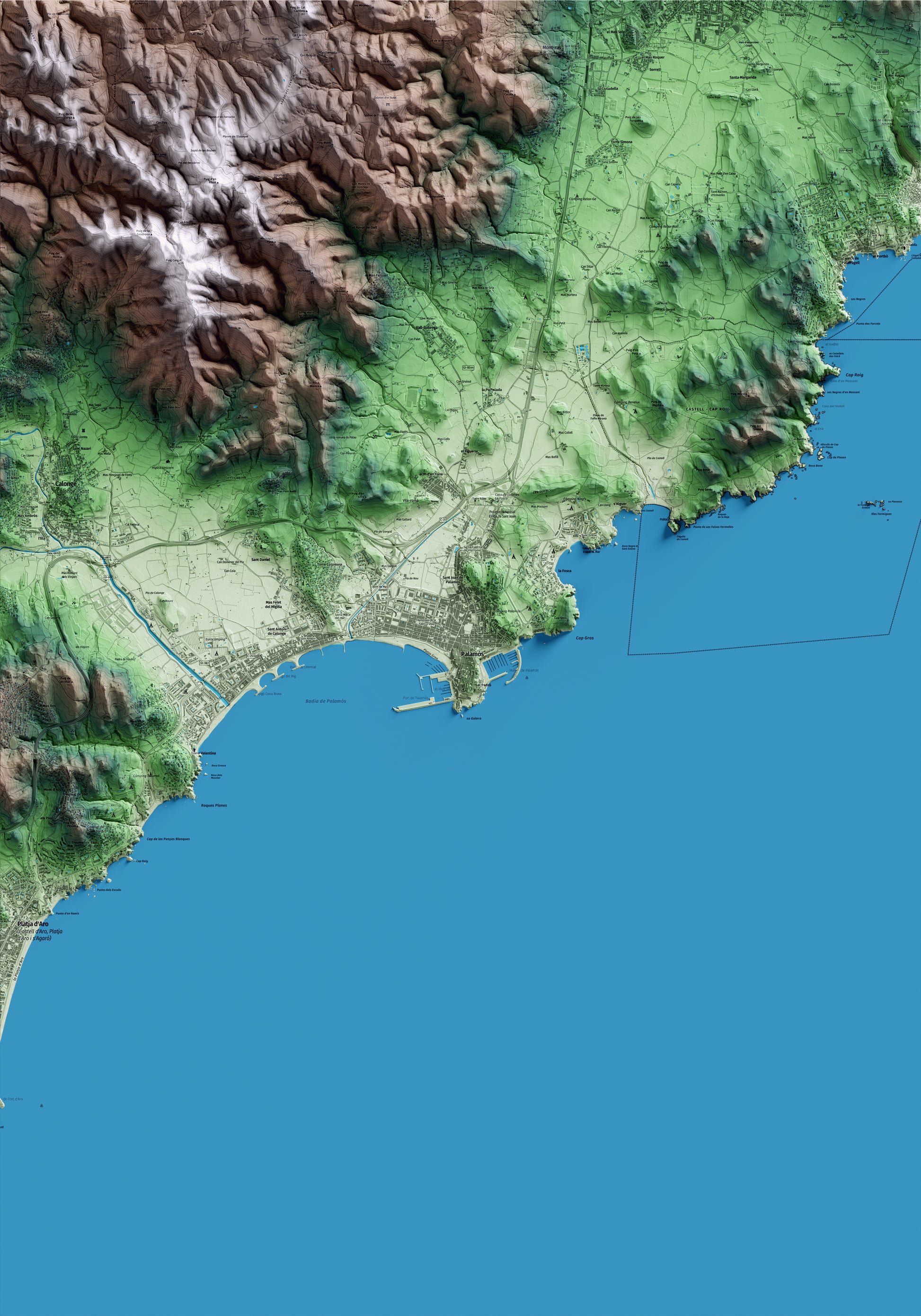 Mapa artístico del relieve de Palamós, al Baix Empordà, con 15 km de entorno y base topográfica ICGC