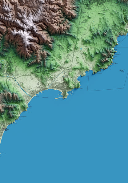 Mapa artístico del relieve de Palamós, al Baix Empordà, con 15 km de entorno y base topográfica ICGC