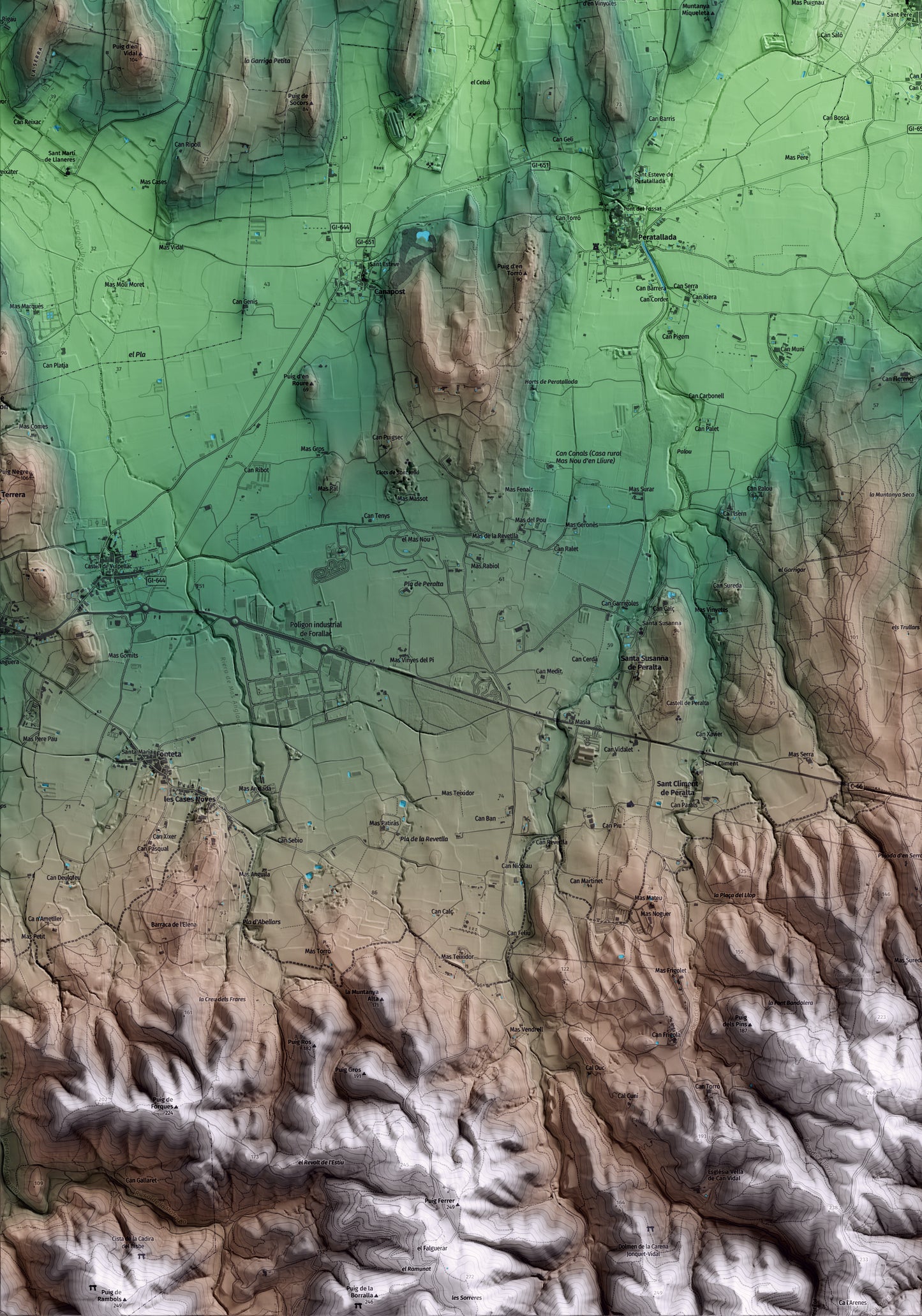 Mapa artístico del relieve de Palau-sator, al Baix Empordà, con 15 km de entorno y base topográfica ICGC. Detalle de la zona inferior izquierda.