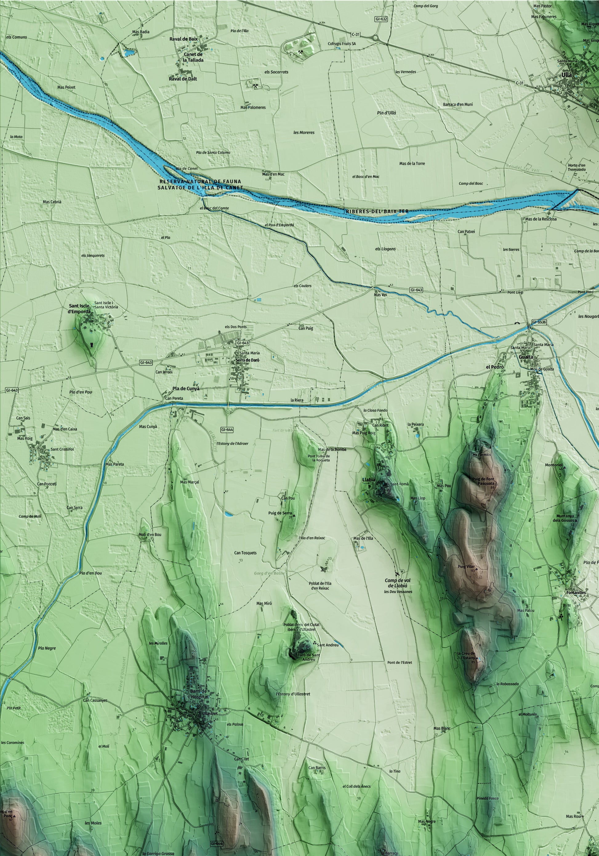 Mapa artístico del relieve de Palau-sator, al Baix Empordà, con 15 km de entorno y base topográfica ICGC. Detalle de la zona superior izquierda.